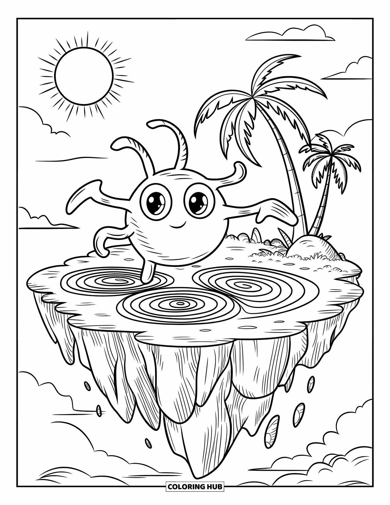 Creepy Trippy Coloring Page for Kids: A floating island holds a four-armed creature drawing spirals among palm trees and rocks
