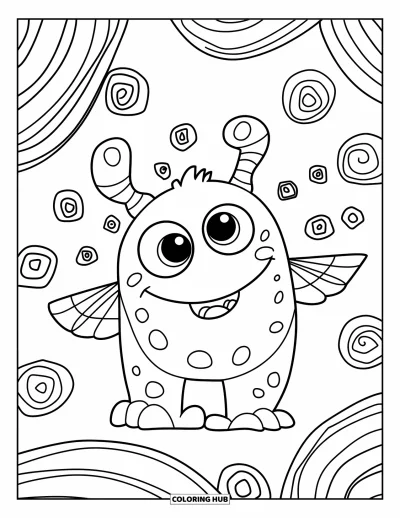 Disegno inquietante e psichedelico da colorare per bambini: Un mostro amichevole dagli occhi grandi e piccole ali fluttua tra semplici spirali vorticose