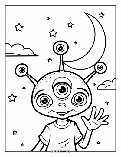Disegno inquietante e psichedelico da colorare per bambini: Un alieno amichevole con tre occhi saluta felice sotto una luna crescente e stelle scintillanti