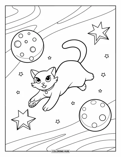 Disegno inquietante e psichedelico da colorare per bambini: Un gatto fantasma con una coda lunga deriva in un cielo con crateri, lune e stelle che si piegano