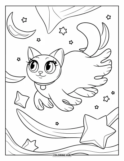 Disegno inquietante e psichedelico da colorare per bambini: Un gatto fantasma dagli occhi grandi fluttua in un cielo notturno tra lune e stelle soffuse