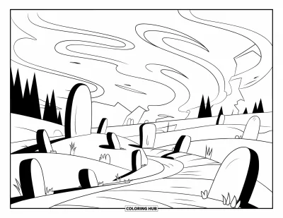 Disegno inquietante e psichedelico da colorare per bambini: Un cimitero con lapidi arrotondate e nebbia vorticosa si estende verso un castello lontano
