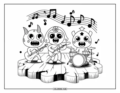 Disegno inquietante e psichedelico da colorare per bambini: Un chitarrista verde, una cantante rosa e un batterista blu suonano insieme su un palco deformato e screpolato