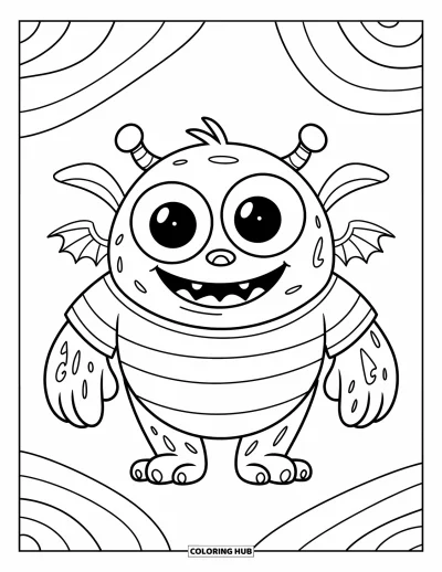 Disegno inquietante e psichedelico da colorare per bambini: Un mostro sorridente con piccole ali e una maglia a righe fluttua tra spirali giocose