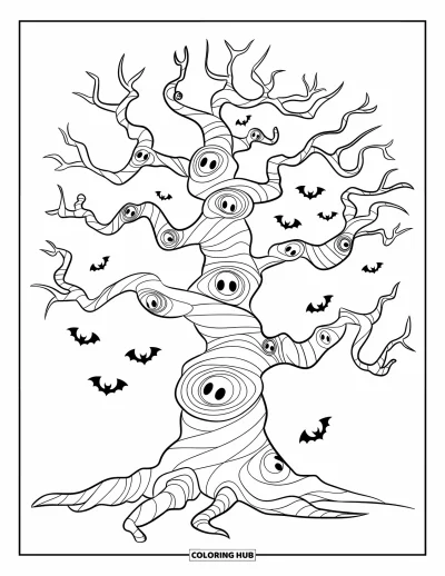 Disegno inquietante e psichedelico da colorare per bambini: Un albero stregato con corteccia a spirale e piccoli volti che fissano crea una scena spettrale e giocosa