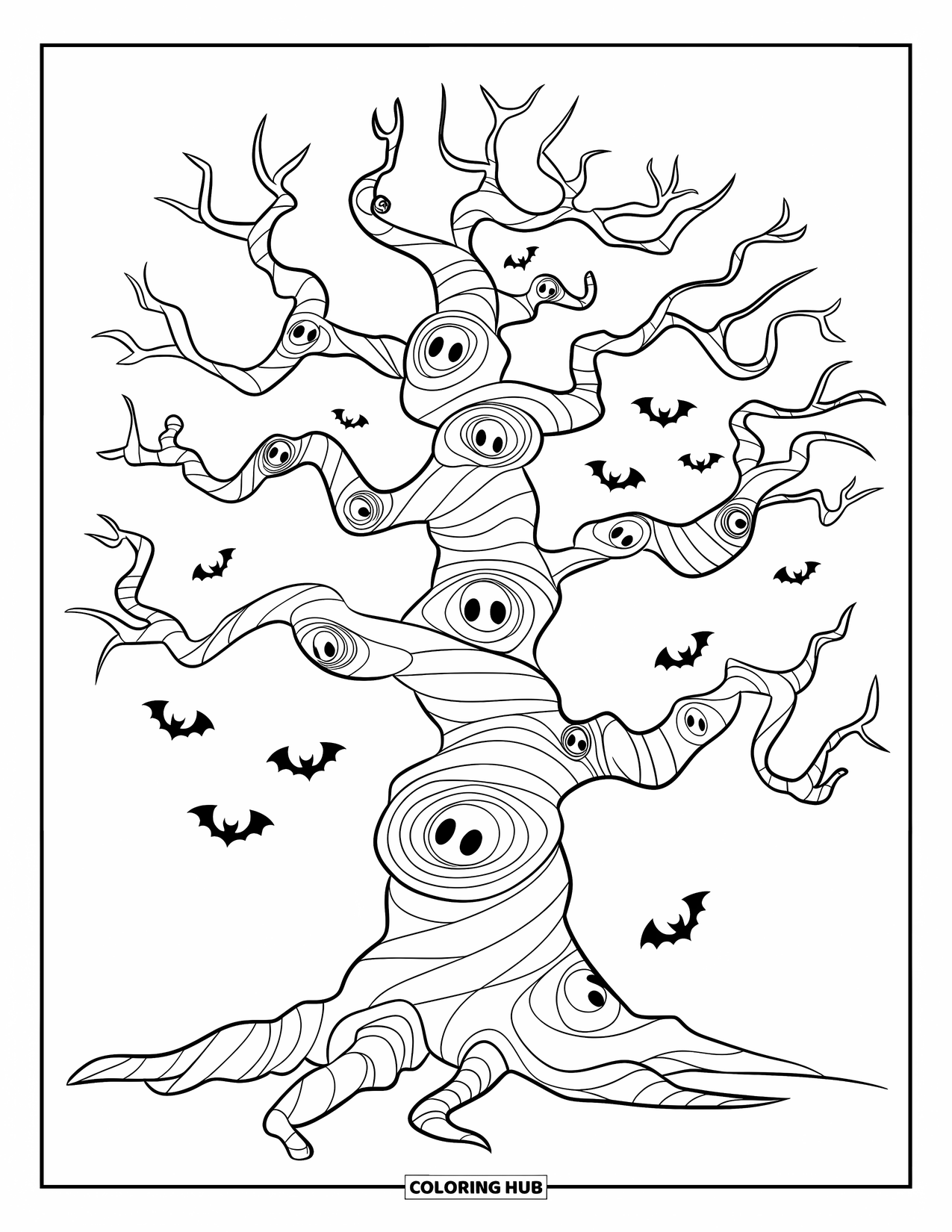 Creepy Trippy Coloring Page for Kids: A haunted tree with spiral bark and tiny staring faces creates a spooky, playful scene