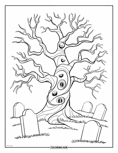 Disegno inquietante e psichedelico da colorare per bambini: Un albero stregato con corteccia a spirale e piccoli volti che fissano si erge in un cimitero spettrale