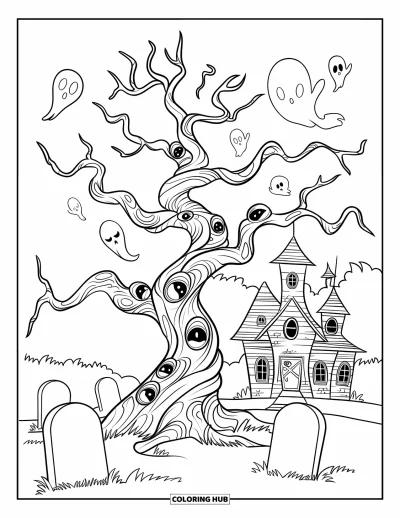 Disegno inquietante e psichedelico da colorare per bambini: Un albero stregato con corteccia a spirale e piccoli volti si trova vicino a lapidi e una villa spettrale