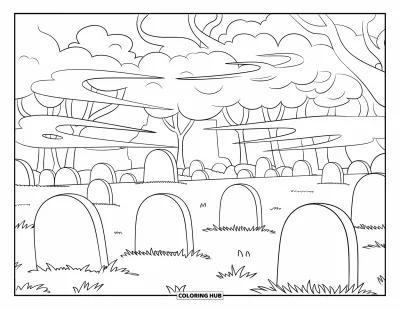 Disegno inquietante e psichedelico da colorare per bambini: Un cimitero nebbioso con lapidi arrotondate turbina tra nebbia giocosa e alberi lontani