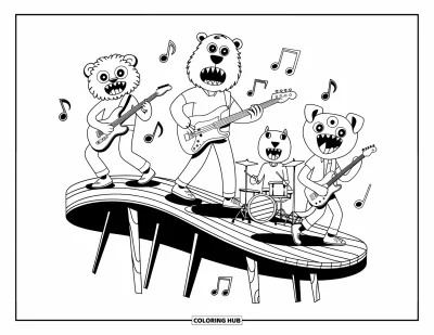 Disegno inquietante e psichedelico da colorare per bambini: Una band di mostri con teste di animali suona su un palco di legno deformato con note musicali