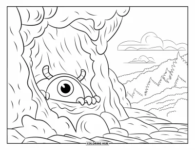 Disegno inquietante e psichedelico da colorare per bambini: Un mostro con un solo occhio fa capolino da una grotta rocciosa in una foresta con alberi alti
