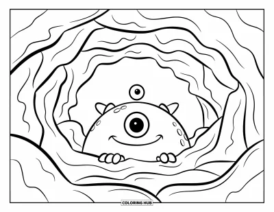 Disegno inquietante e psichedelico da colorare per bambini: Un mostro con un solo occhio e un corpo tondo fa capolino da una grotta irregolare sotto un cielo sereno