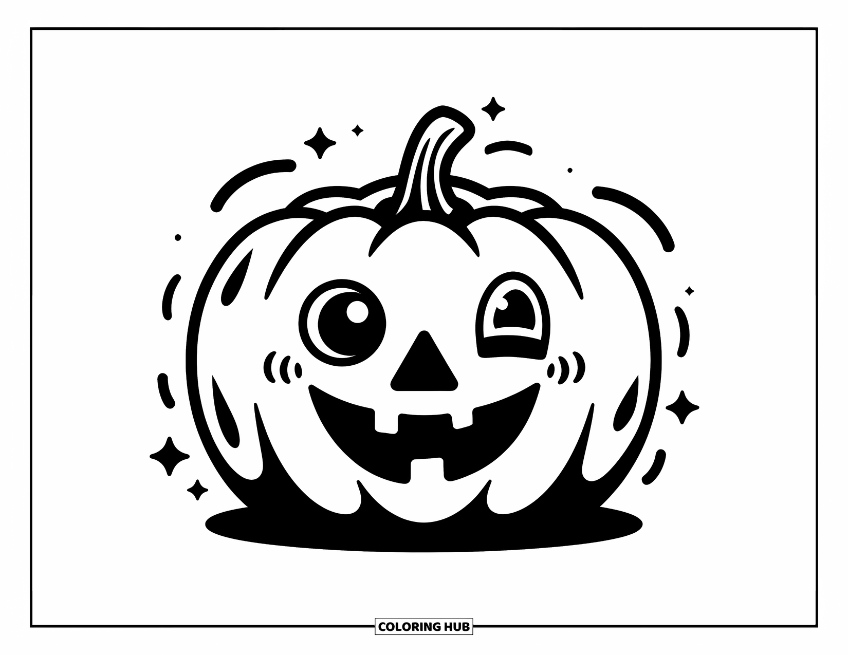 Creepy Trippy Coloring Page for Kids: A pumpkin with a silly face floats among playful wobbly lines and sparkles