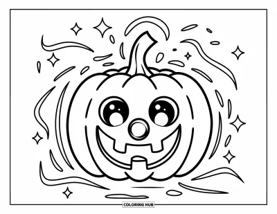Disegno inquietante e psichedelico da colorare per bambini: Una zucca con una faccia burlona fluttua tra linee ondulate e scintille