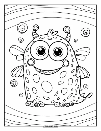 Disegno inquietante e psichedelico da colorare per bambini: Un mostro rotondo dagli occhi grandi con piccole ali sorride tra semplici spirali