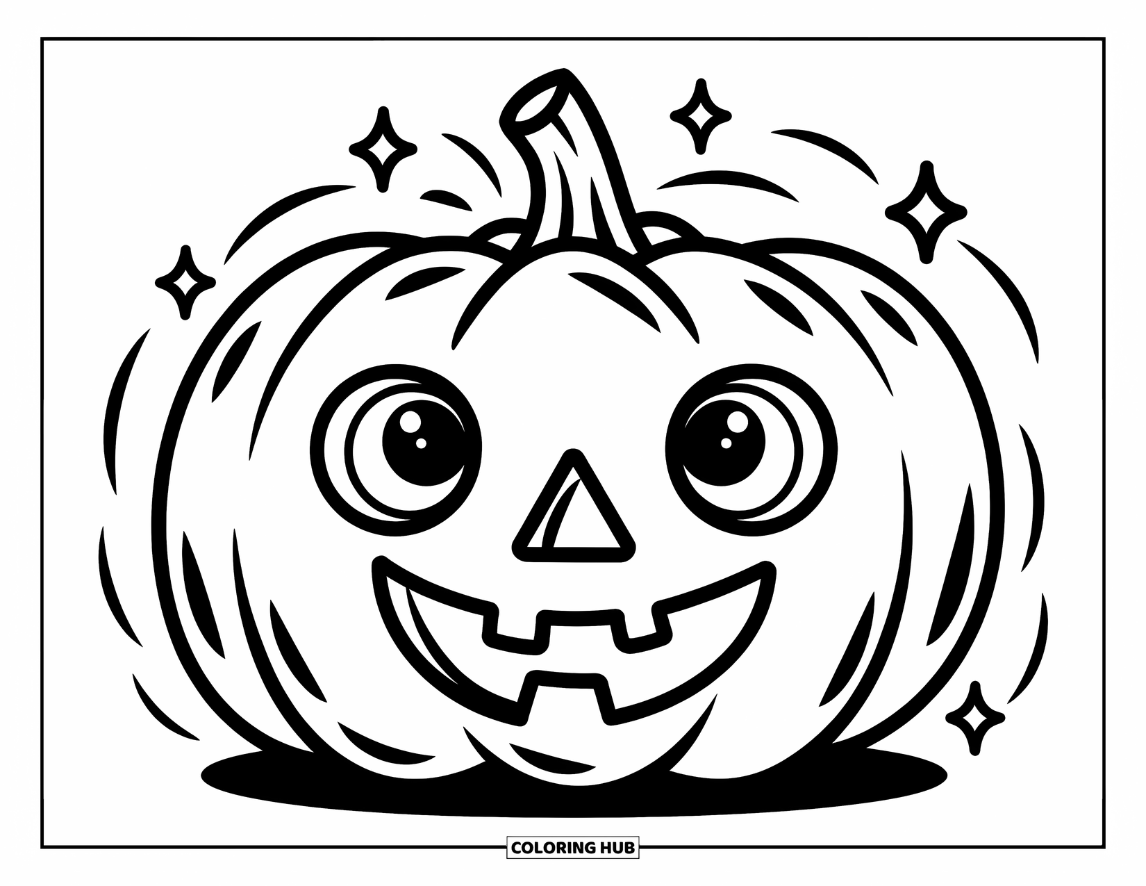 Creepy Trippy Coloring Page for Kids: A silly pumpkin with a triangle nose and circle mouth sits among sparkles and wavy lines