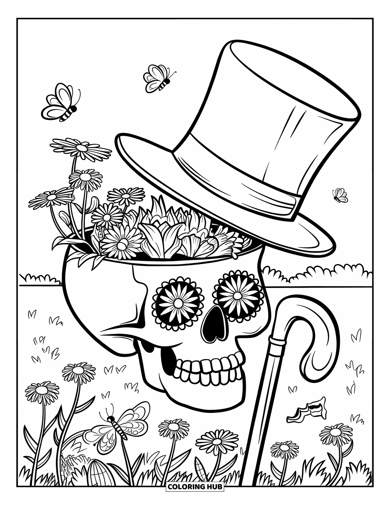 Creepy Trippy Coloring Page for Kids: A skull with a top hat and cane blooms with flowers, bees, and butterflies