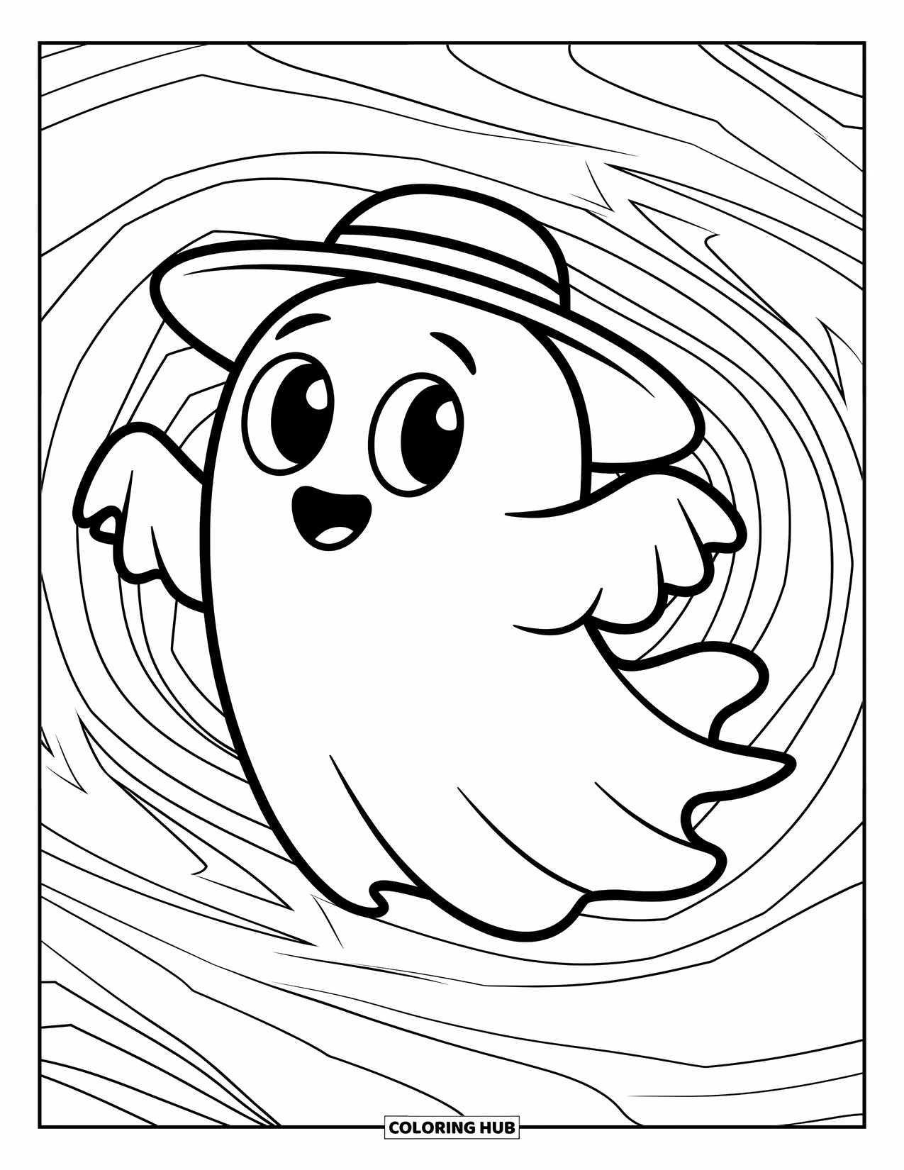 Creepy Trippy Coloring Page for Kids: A smiling ghost with a hat drifts among trippy swirls and soft curves