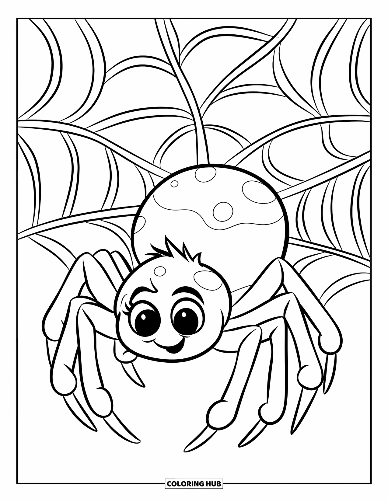 Creepy Trippy Coloring Page for Kids: A spider with wide eyes hangs from a playful, loopy web