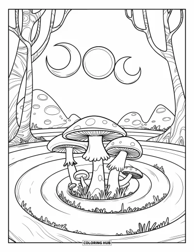 Disegno inquietante e psichedelico da colorare per bambini: Un campo a spirale di funghi soprannaturali cresce sotto crateri, montagne e tre lune