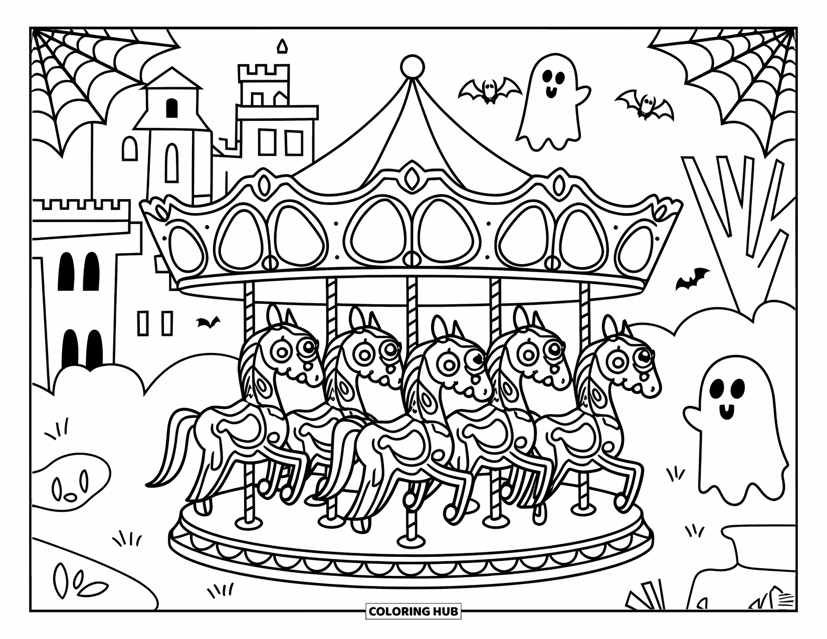 Creepy Trippy Coloring Page for Kids: A spooky carousel with wide-eyed skeletal horses spins near a castle and eerie trees