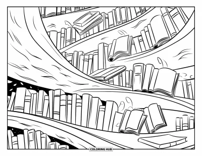 Disegno inquietante e psichedelico da colorare per bambini: Una biblioteca spettrale con scaffali contorti e libri fluttuanti brilla di luce fantasmagorica