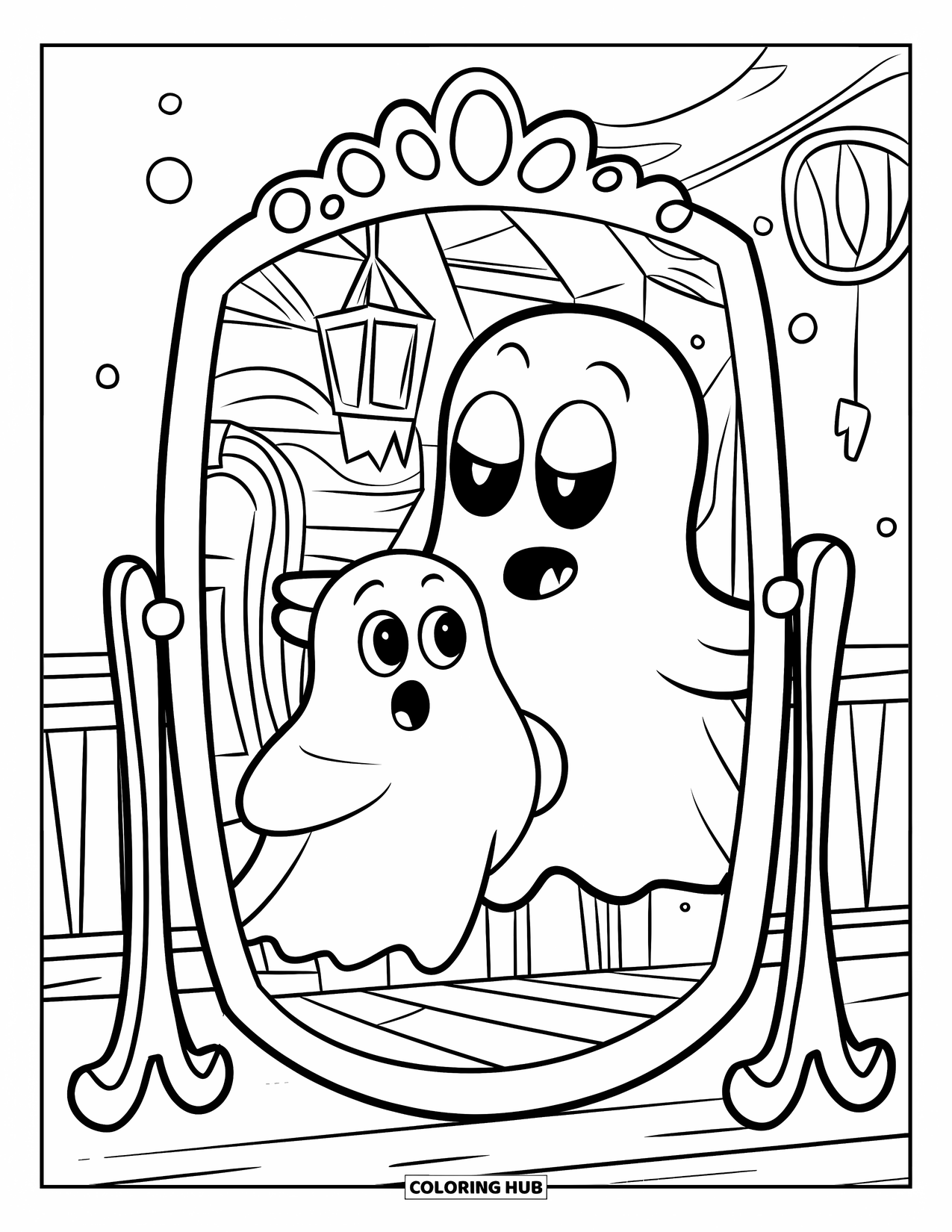 Creepy Trippy Coloring Page for Kids: A spooky mirror reflects a different version of a curious teen ghost inside a haunted mansion