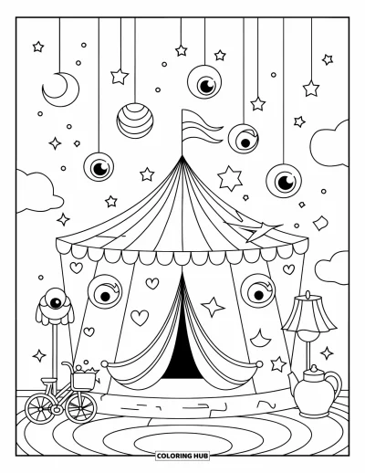 Disegno inquietante e psichedelico da colorare per bambini: Un tendone da circo vorticoso fluttua tra occhi sorridenti, cuori e oggetti fantasiosi