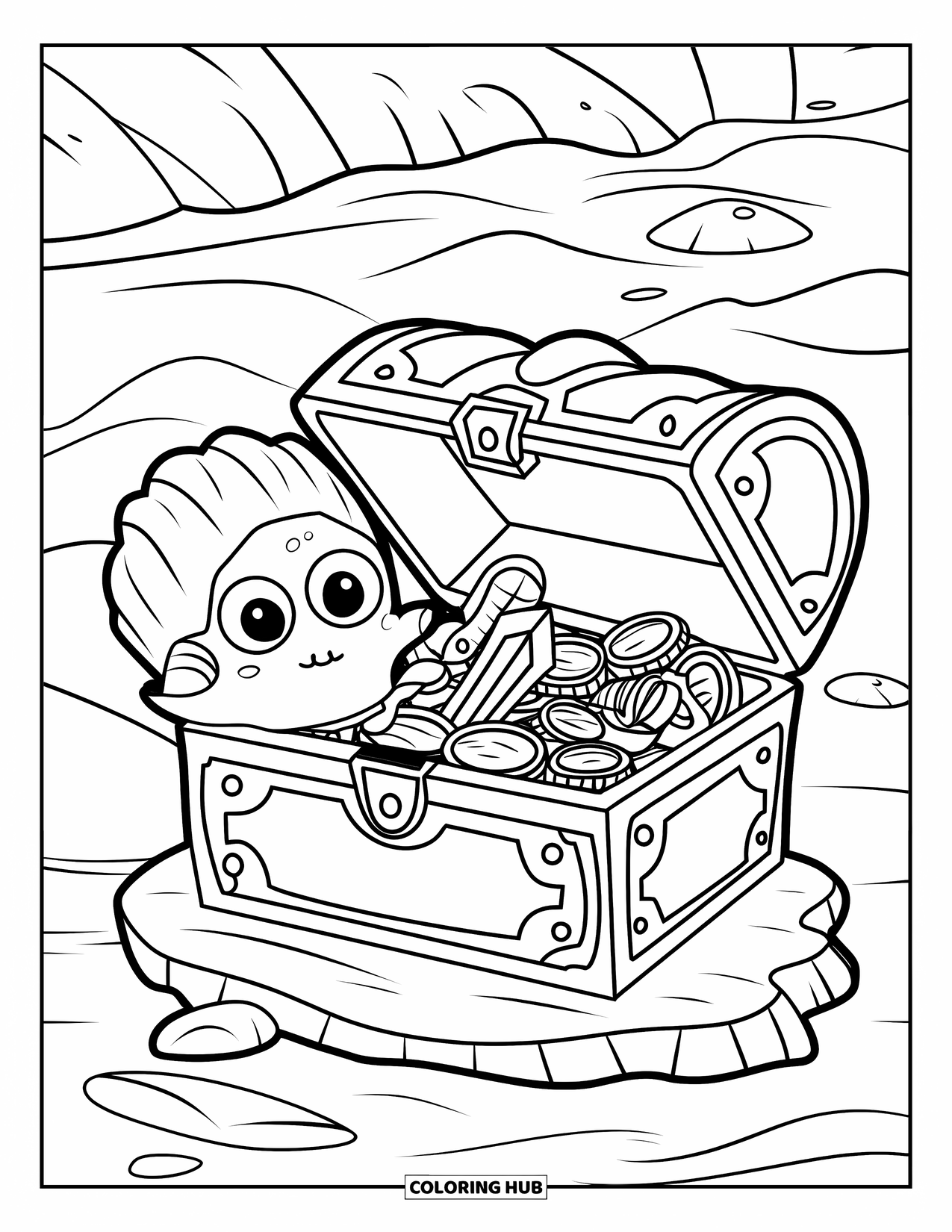 Creepy Trippy Coloring Page for Kids: A three-eyed sea creature sits on a rock guarding gold, jewels, and a shiny sword