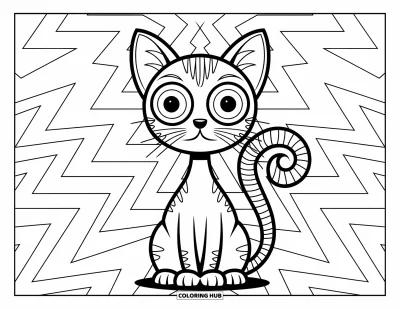 Disegno inquietante e psichedelico da colorare per bambini: Un gatto psichedelico con occhi rotondi e una coda a spirale è seduto tra vistose linee a zigzag