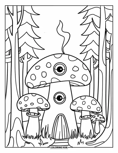 Disegno inquietante e psichedelico da colorare per bambini: Un villaggio psichedelico di funghi con finestre strane e un fumo a forma di occhio riempie la foresta