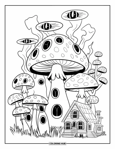 Disegno inquietante e psichedelico da colorare per bambini: Un villaggio psichedelico di funghi e un albero con frutti a forma di fungo è tra alberi alti