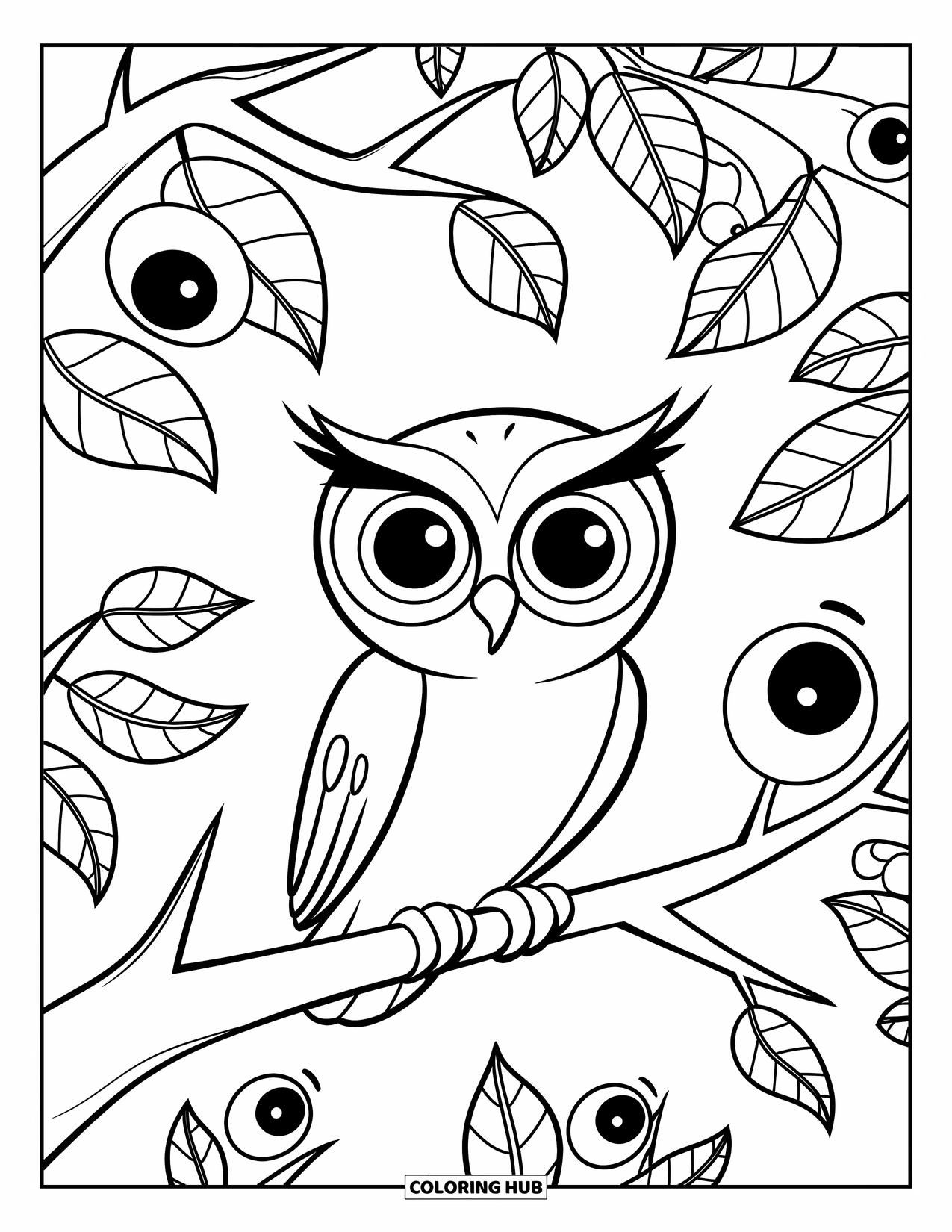 Creepy Trippy Coloring Page for Kids: A wide-eyed owl perches on a branch with surreal, eye-shaped leaves