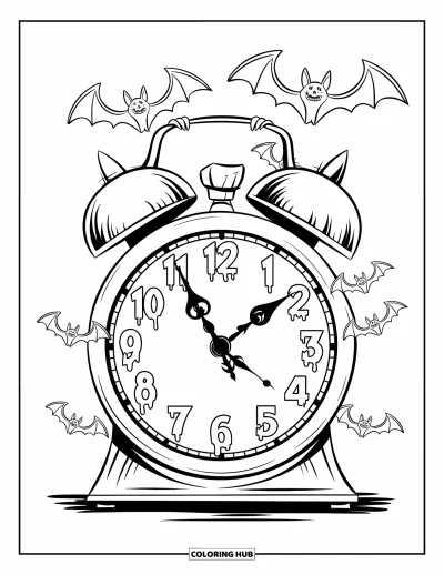 Disegno inquietante e psichedelico da colorare per bambini: I pipistrelli volano da un grande orologio gotico con numeri che si sciolgono su uno sfondo semplice