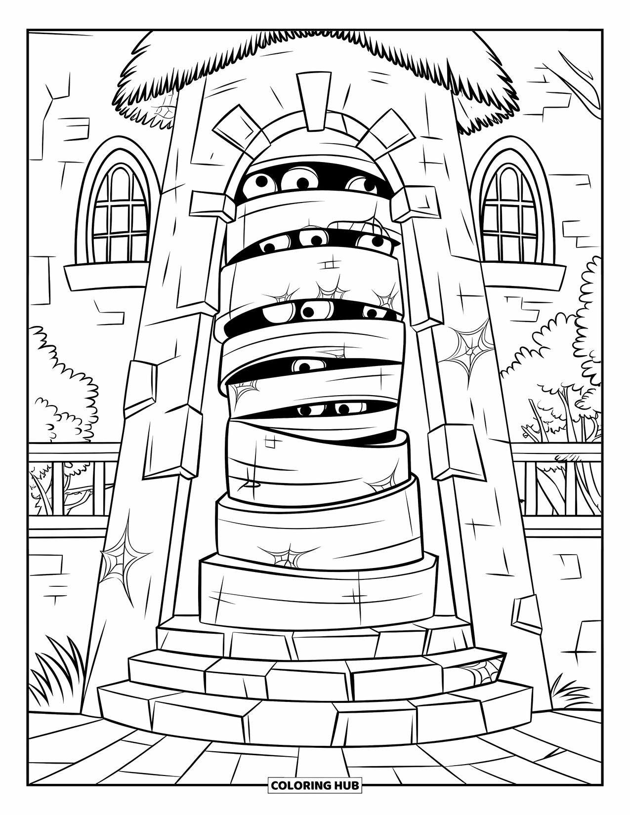 Creepy Trippy Coloring Page for Kids: Eyeballs peek from a spiral doorway inside a stone building with trees and mountains beyond