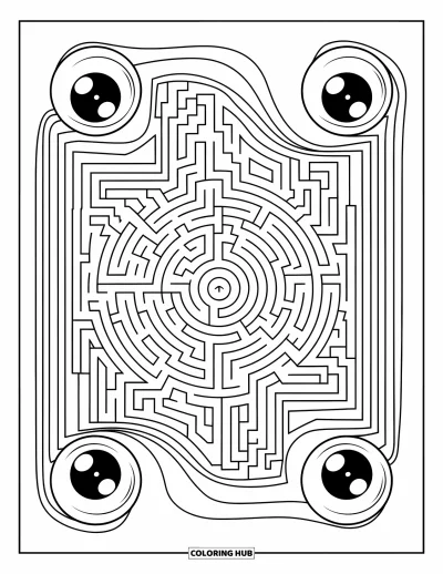 Disegno inquietante e psichedelico da colorare per bambini: Occhi fanno capolino dagli angoli di un labirinto spesso e a spirale pieno di curve e svolte