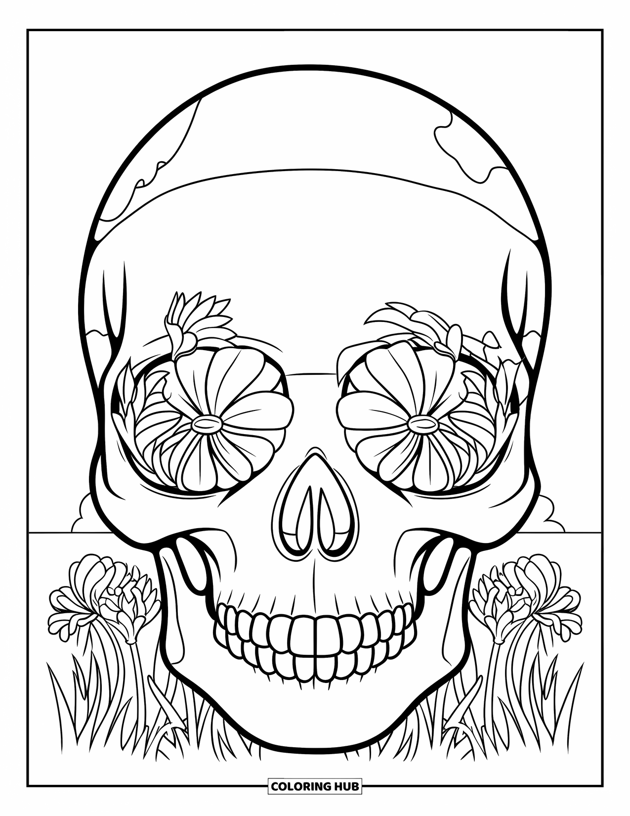 Creepy Trippy Coloring Page for Kids: Flowers spiral from a skull's eyes, blooming brightly in a lush garden scene