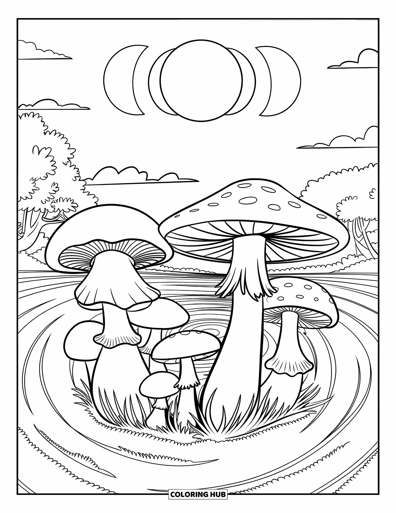 Creepy Trippy Coloring Page for Kids: Odd mushrooms grow in spirals beneath a triple-moon sky and twisted trees