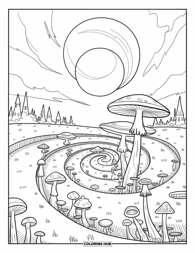 Disegno inquietante e psichedelico da colorare per bambini: Funghi strani spuntano in un campo a spirale sotto tre lune luminose e un castello lontano