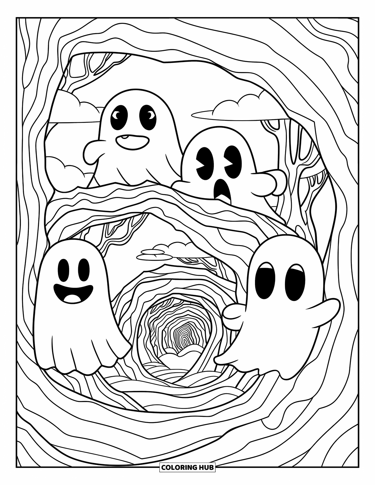 Creepy Trippy Coloring Page for Kids: Three expressive ghosts hide behind swirling trees in a haunted forest with layered paths
