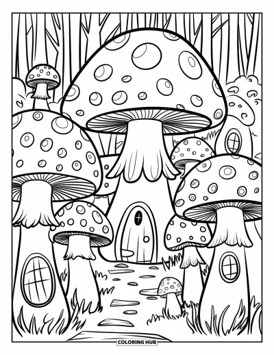 Disegno inquietante e psichedelico da colorare per bambini: Funghi fantastici con cappelli decorati e finestrelle strane creano un magico villaggio nel bosco