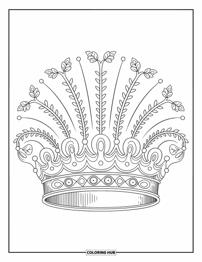 Coloriage de couronne pour adultes : Une couronne baroque repose dans une composition de vignes feuillues et de volutes en filigrane