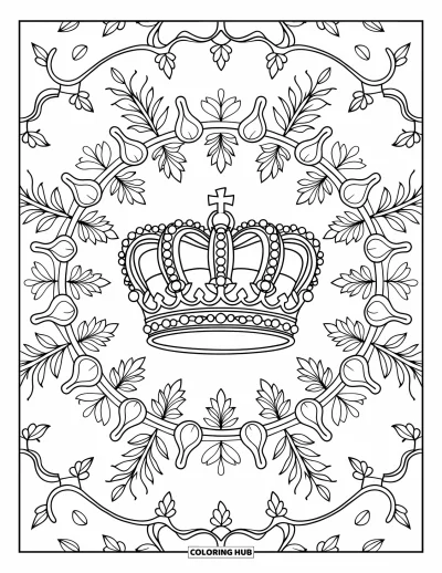 Coloriage de couronne pour adultes : Une couronne baroque avec des vignes et des feuilles forme un gracieux motif radial