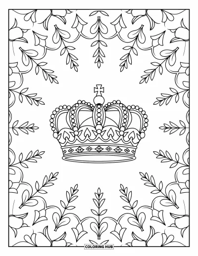 Coloriage de couronne pour adultes : Une couronne classique posée dans un motif de feuilles et de filigrane de style baroque