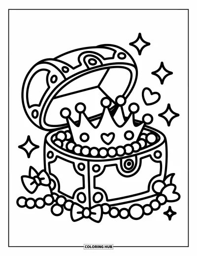 Coloriage de couronne pour adultes : Un coffre douillet s'ouvre pour révéler une couronne nichée parmi des perles et des gemmes fantaisistes