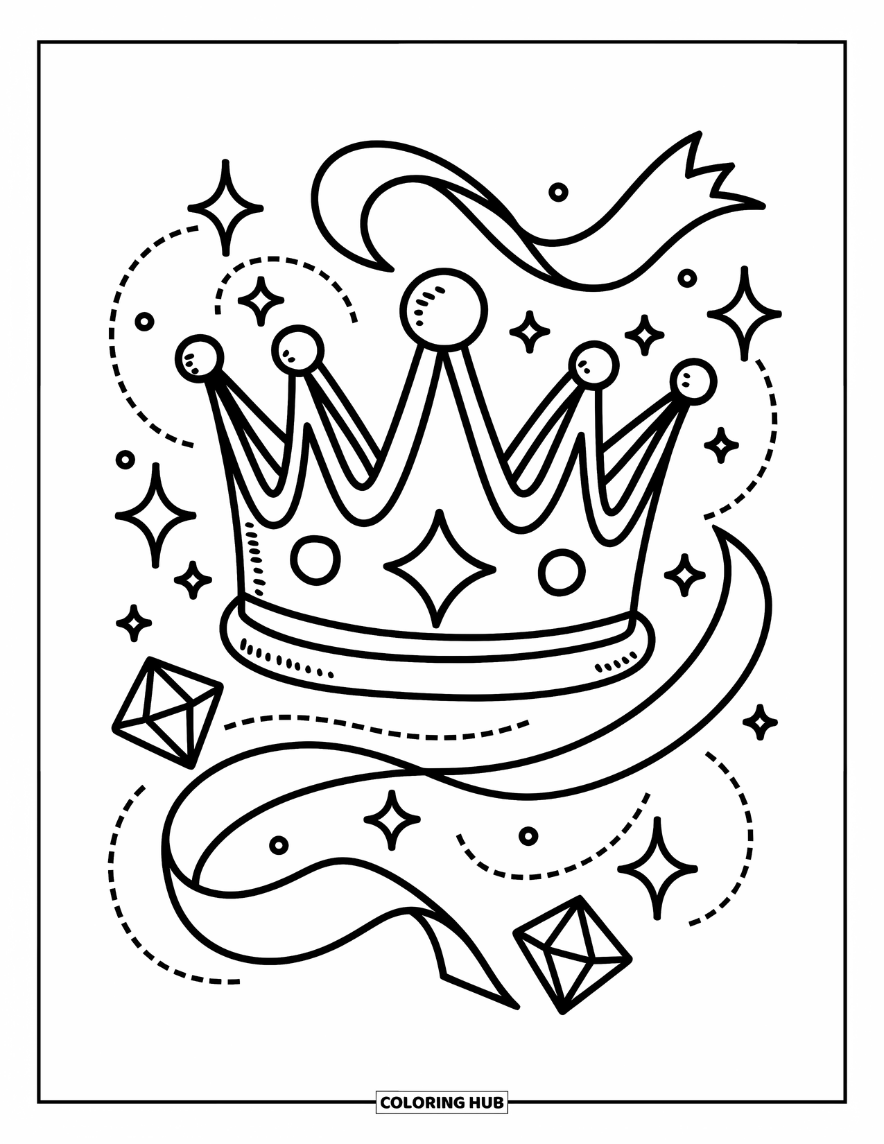 Crown Coloring Page for Adults: A crown floats mid-air surrounded by stars, ribbons, and twinkling gem shapes