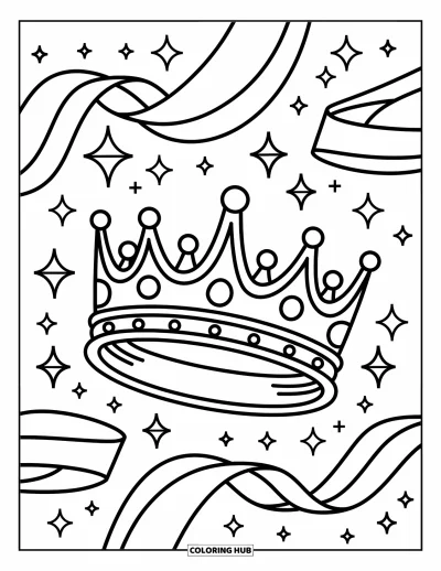 Coloriage de couronne pour adultes : Une couronne flotte entourée de rubans tourbillonnants, de gemmes magiques et d'étincelles espièges