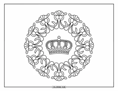 Coloriage de couronne pour adultes : Une couronne repose au milieu de fleurs et de vignes tourbillonnantes