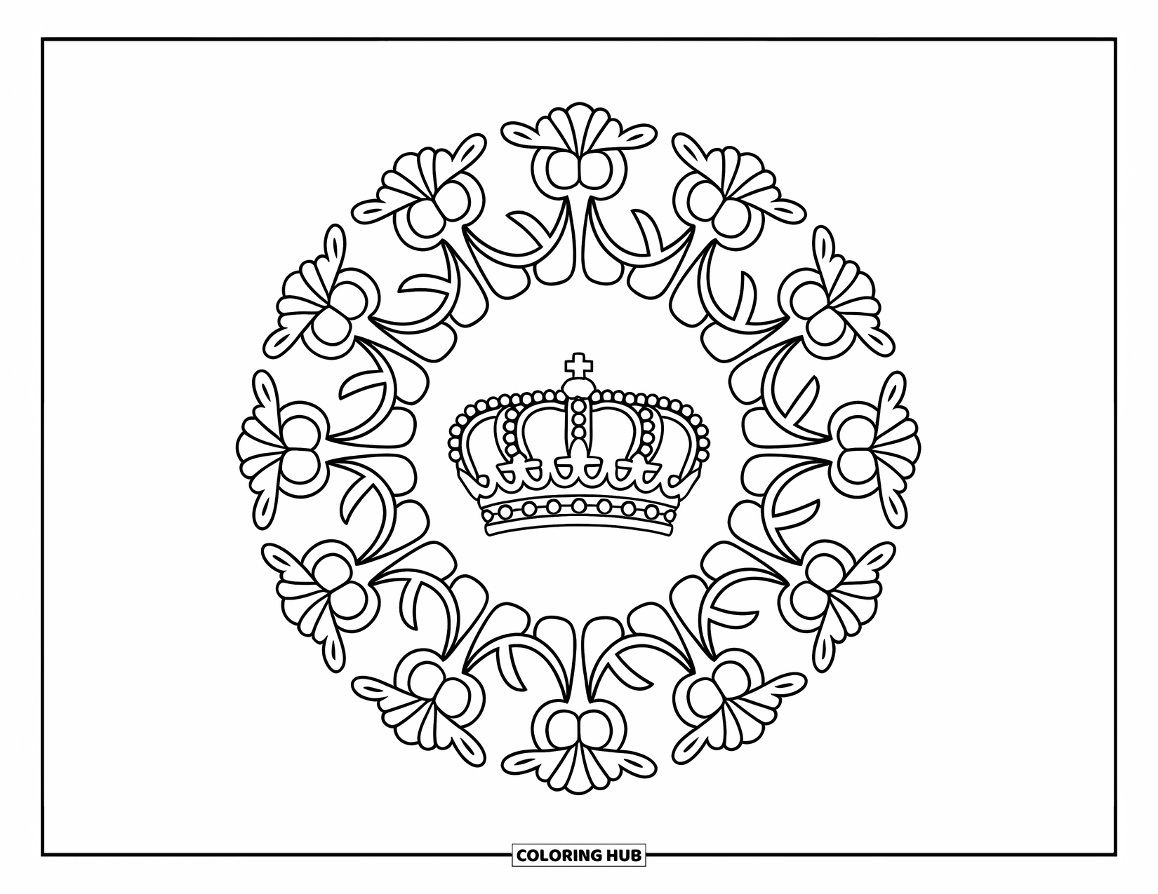 Crown Coloring Page for Adults: A crown rests in the middle of swirling flower and vine shapes