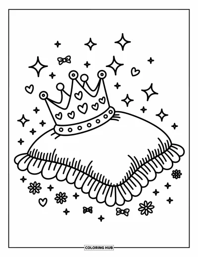 Coloriage de couronne pour adultes : Une couronne repose sur un coussin moelleux orné de petits nœuds, d'étincelles et de pétales de fleurs
